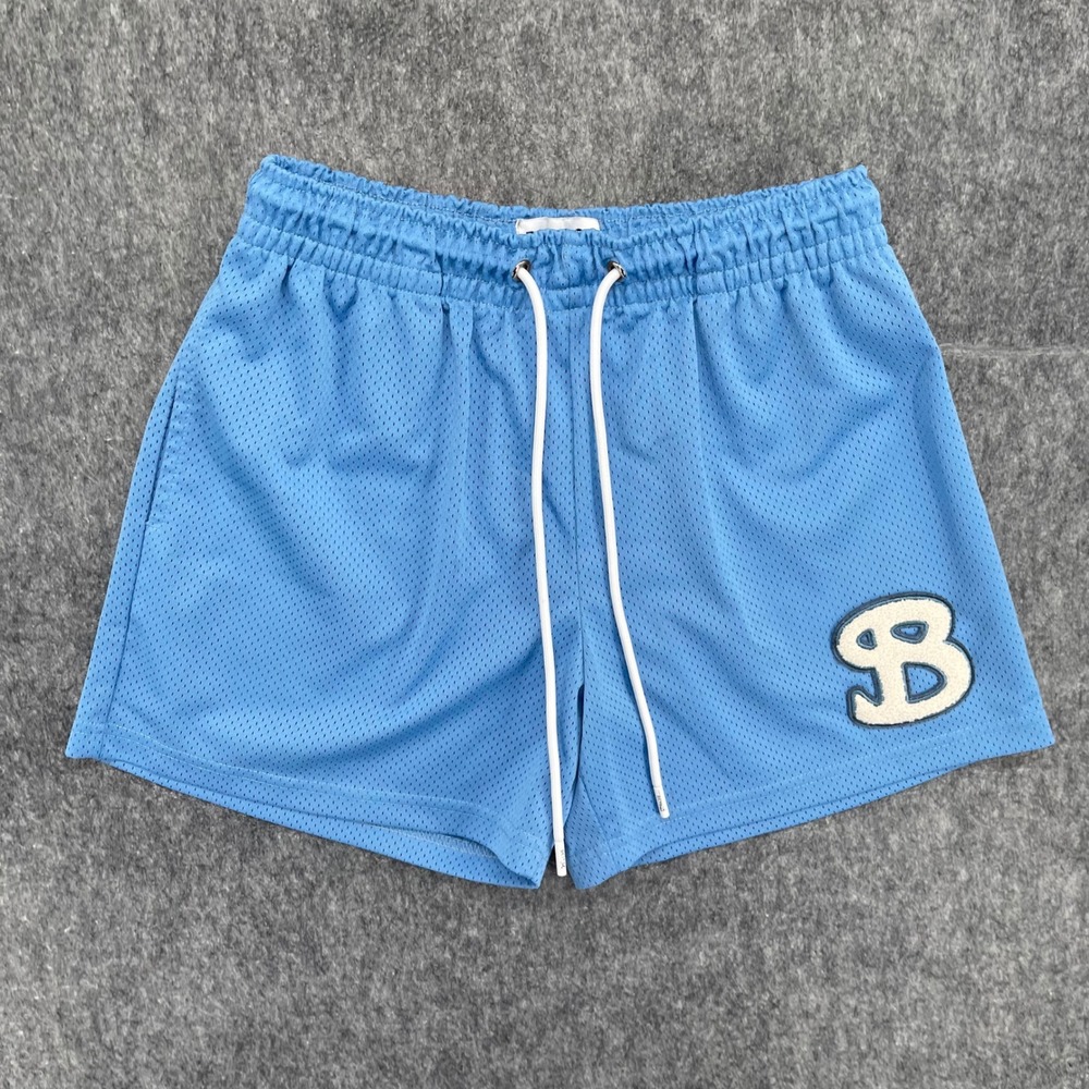 BKTSQD Shorts Mens Medium Mesh Basketball Shorts Light Blue Chenille B Patch